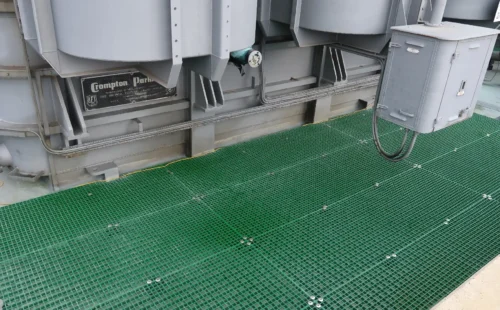 Bund flooring in substation made from Green GRP Dura Grating