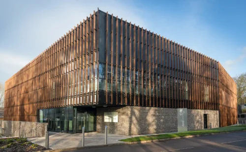 Composite timber fins on building